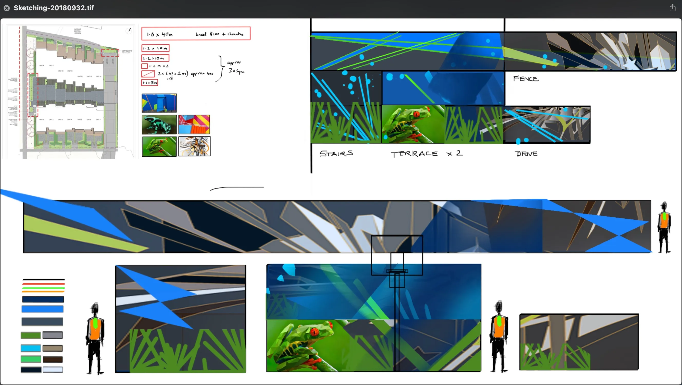 Concept planning sheet for a mural install, showing a site plan, colour palette and wall mock-ups